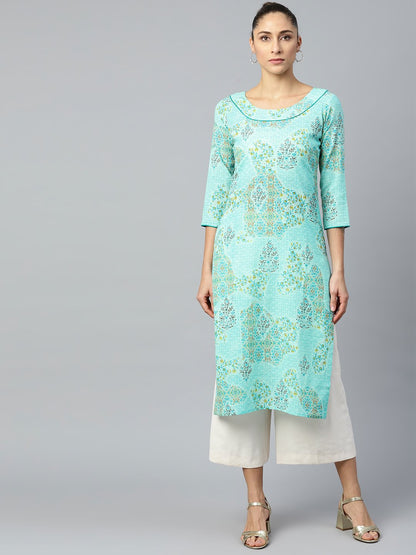 Women Blue Calf Length Three-Quarter Sleeves Straight Floral Printed Cotton Kurta | LASVINI - Redefining Indian Fashion with Elegance