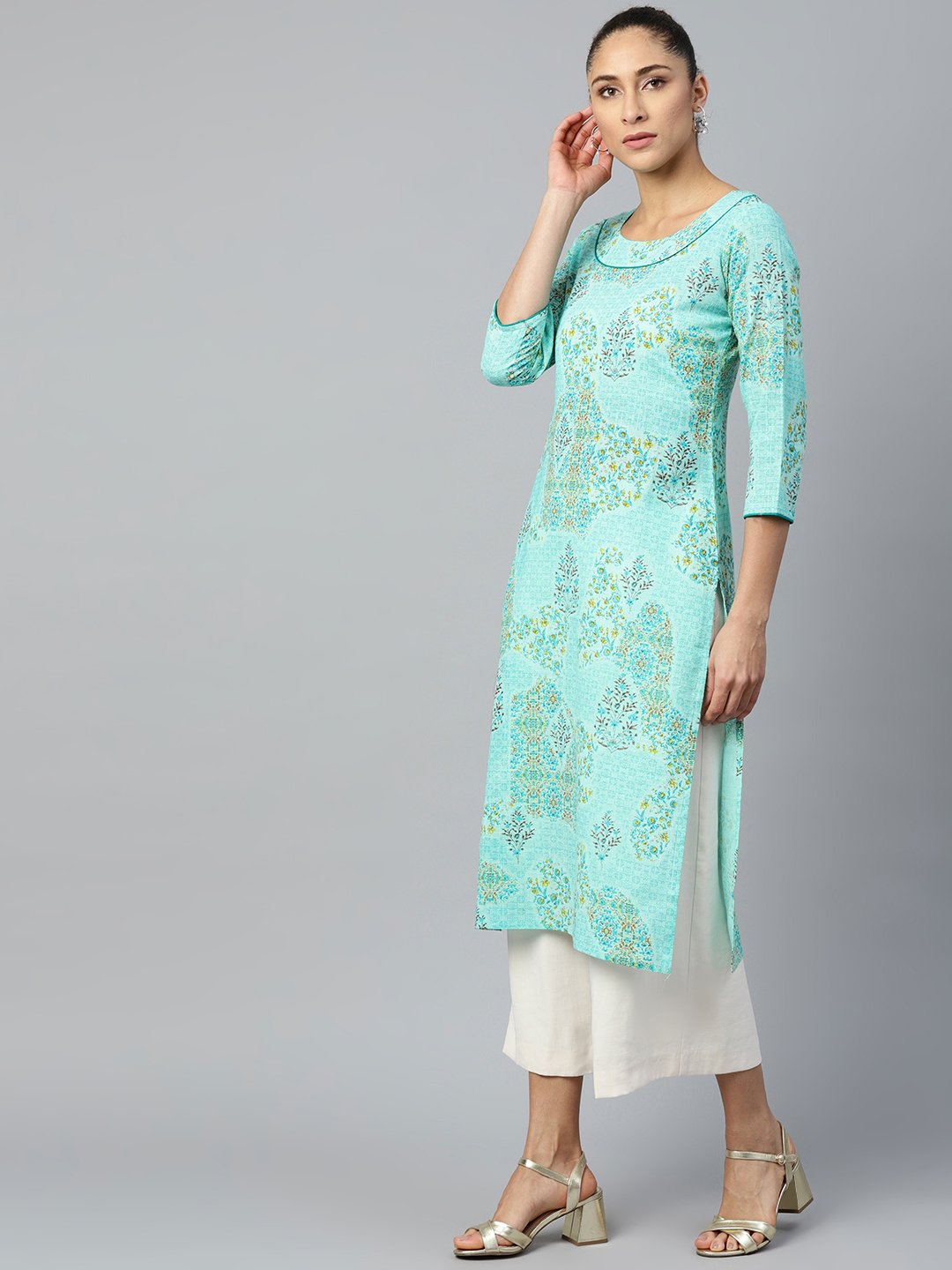 Women Blue Calf Length Three-Quarter Sleeves Straight Floral Printed Cotton Kurta | LASVINI - Redefining Indian Fashion with Elegance
