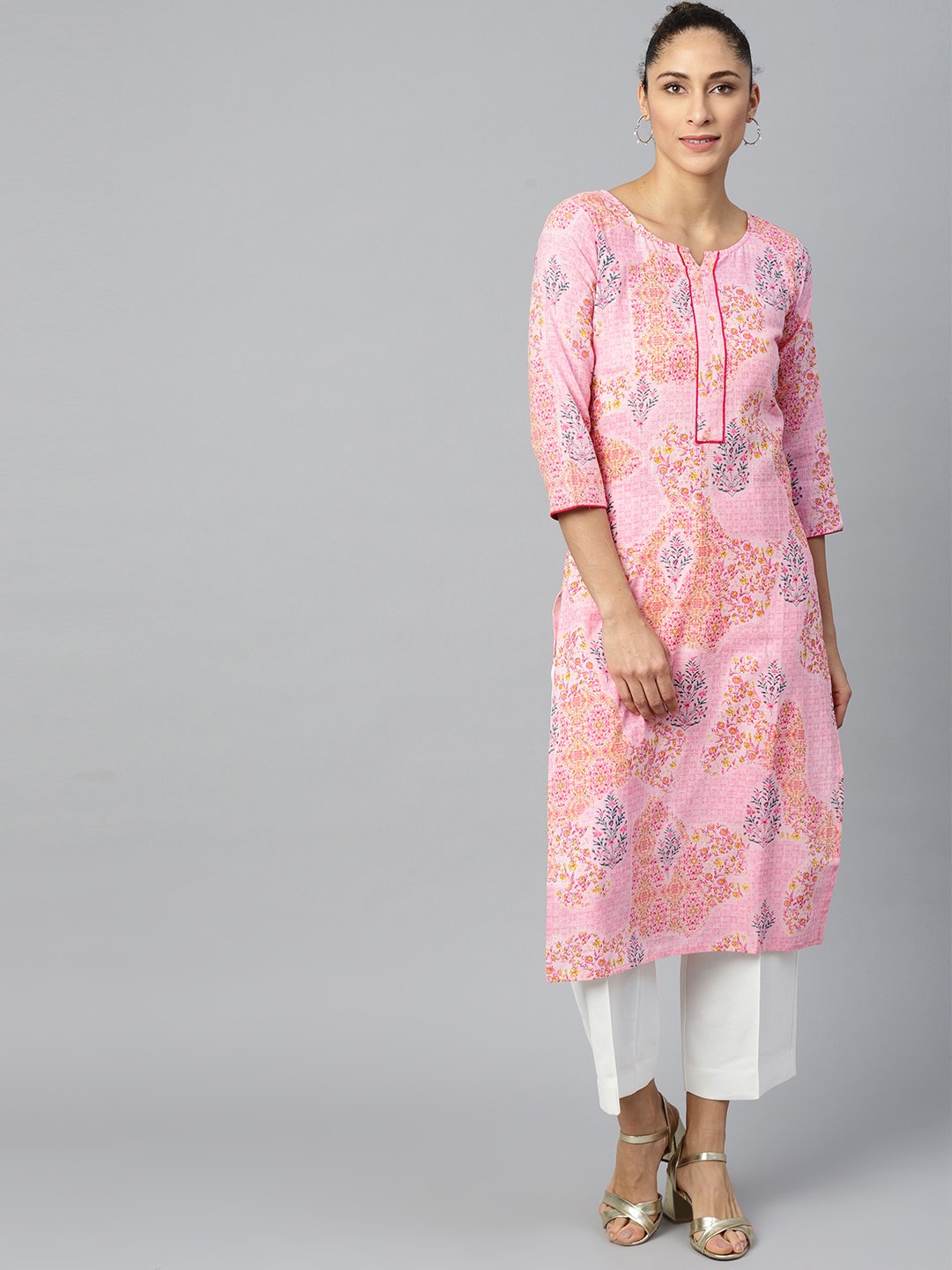 Women Pink Calf Length Three-Quarter Sleeves Straight Floral Printed Cotton Kurta | LASVINI - Redefining Indian Fashion with Elegance