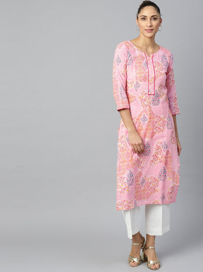 Women Pink Calf Length Three-Quarter Sleeves Straight Floral Printed Cotton Kurta | LASVINI - Redefining Indian Fashion with Elegance