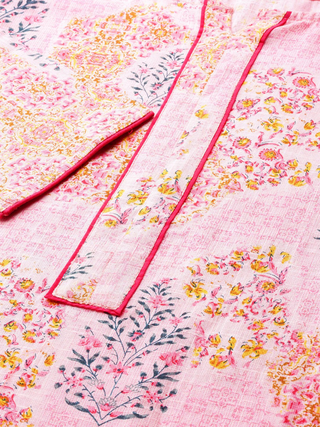 Women Pink Calf Length Three-Quarter Sleeves Straight Floral Printed Cotton Kurta | LASVINI - Redefining Indian Fashion with Elegance