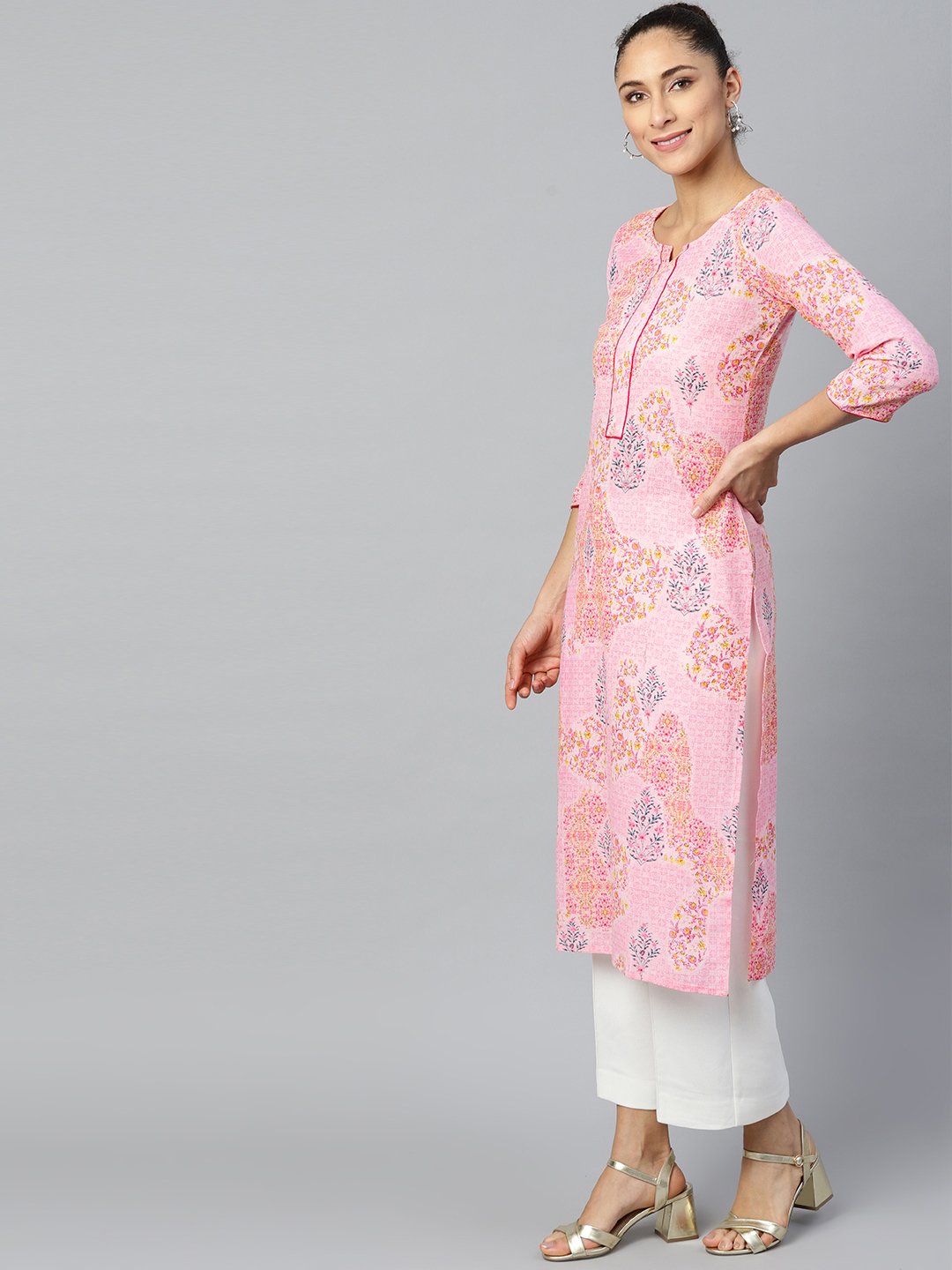 Women Pink Calf Length Three-Quarter Sleeves Straight Floral Printed Cotton Kurta | LASVINI - Redefining Indian Fashion with Elegance