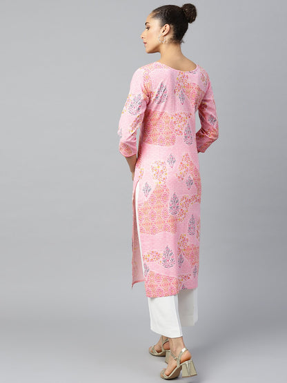 Women Pink Calf Length Three-Quarter Sleeves Straight Floral Printed Cotton Kurta | LASVINI - Redefining Indian Fashion with Elegance