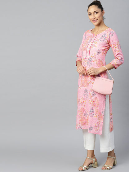 Women Pink Calf Length Three-Quarter Sleeves Straight Floral Printed Cotton Kurta | LASVINI - Redefining Indian Fashion with Elegance