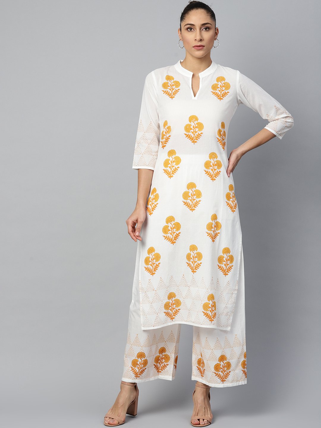 Women White Three-Quarter Sleeves Straight Kurta With Palazzo Set | LASVINI - Redefining Indian Fashion with Elegance