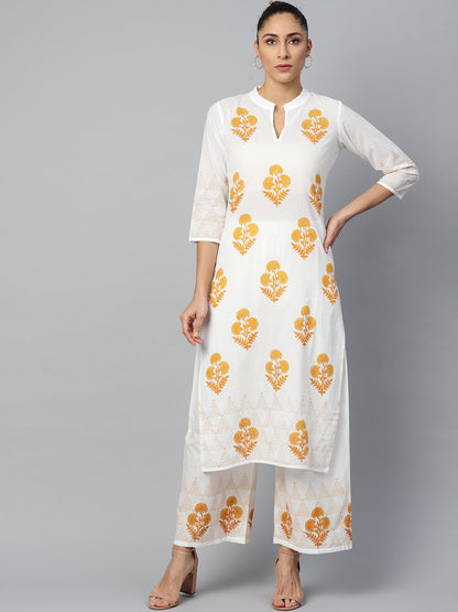 Women White Three-Quarter Sleeves Straight Kurta With Palazzo Set | LASVINI - Redefining Indian Fashion with Elegance