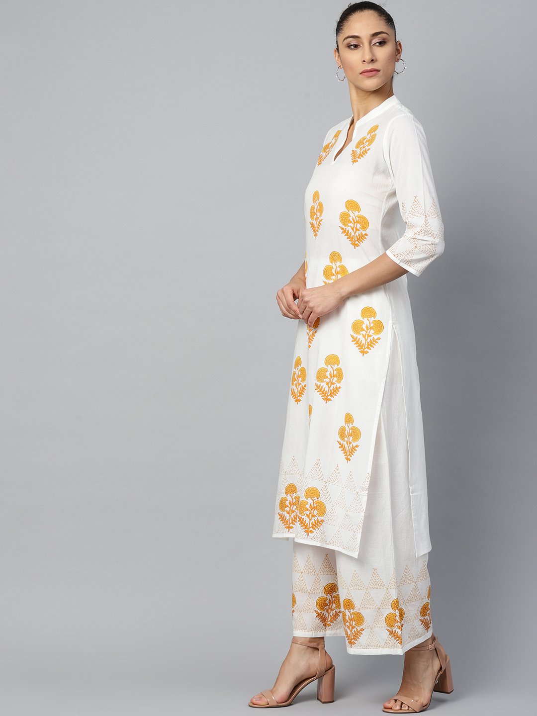 Women White Three-Quarter Sleeves Straight Kurta With Palazzo Set | LASVINI - Redefining Indian Fashion with Elegance