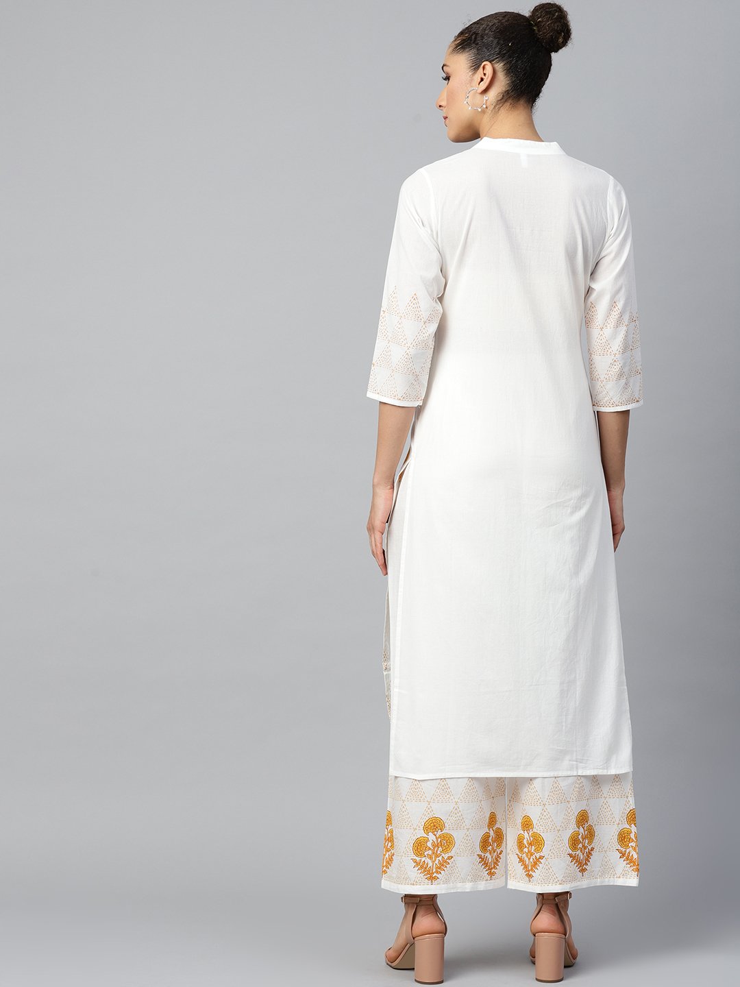 Women White Three-Quarter Sleeves Straight Kurta With Palazzo Set | LASVINI - Redefining Indian Fashion with Elegance