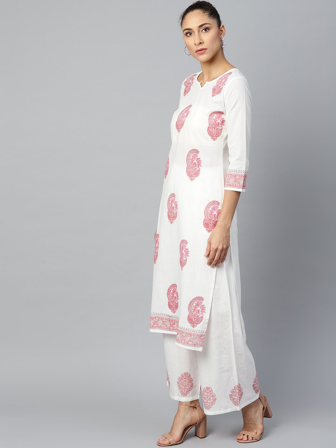 Women White Three-Quarter Sleeves Straight Kurta With Palazzo Set | LASVINI - Redefining Indian Fashion with Elegance