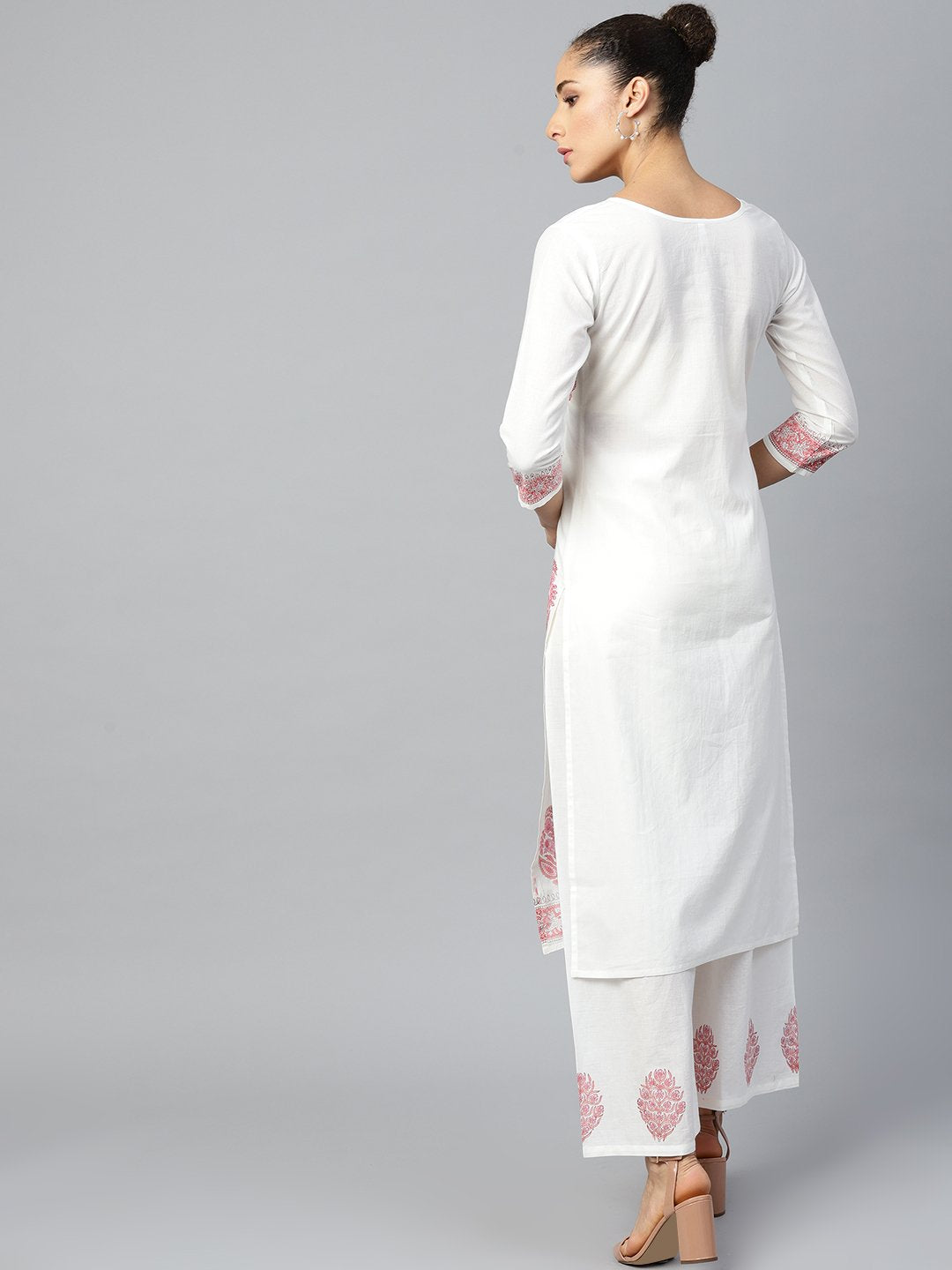 Women White Three-Quarter Sleeves Straight Kurta With Palazzo Set | LASVINI - Redefining Indian Fashion with Elegance