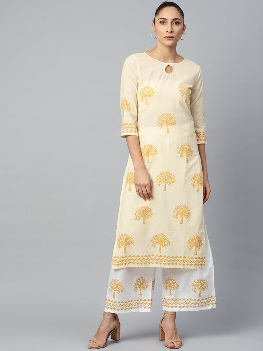 Women White Three-Quarter Sleeves Straight Kurta With Palazzo Set | LASVINI - Redefining Indian Fashion with Elegance