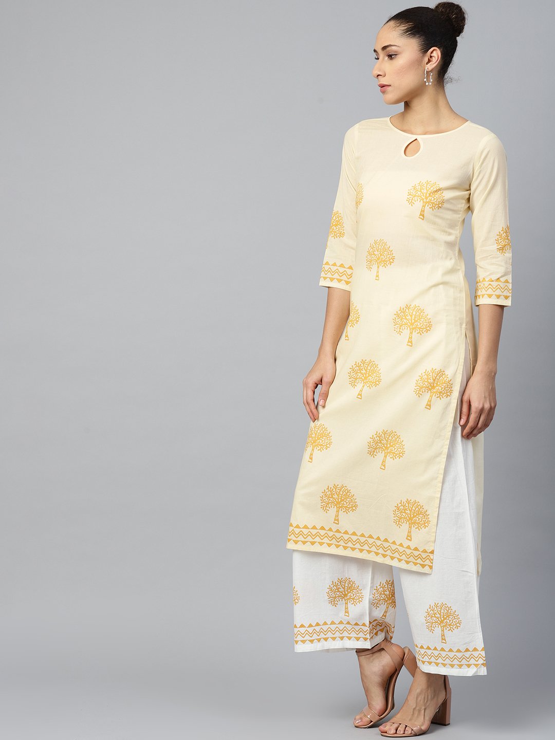 Women White Three-Quarter Sleeves Straight Kurta With Palazzo Set | LASVINI - Redefining Indian Fashion with Elegance