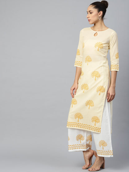 Women White Three-Quarter Sleeves Straight Kurta With Palazzo Set | LASVINI - Redefining Indian Fashion with Elegance