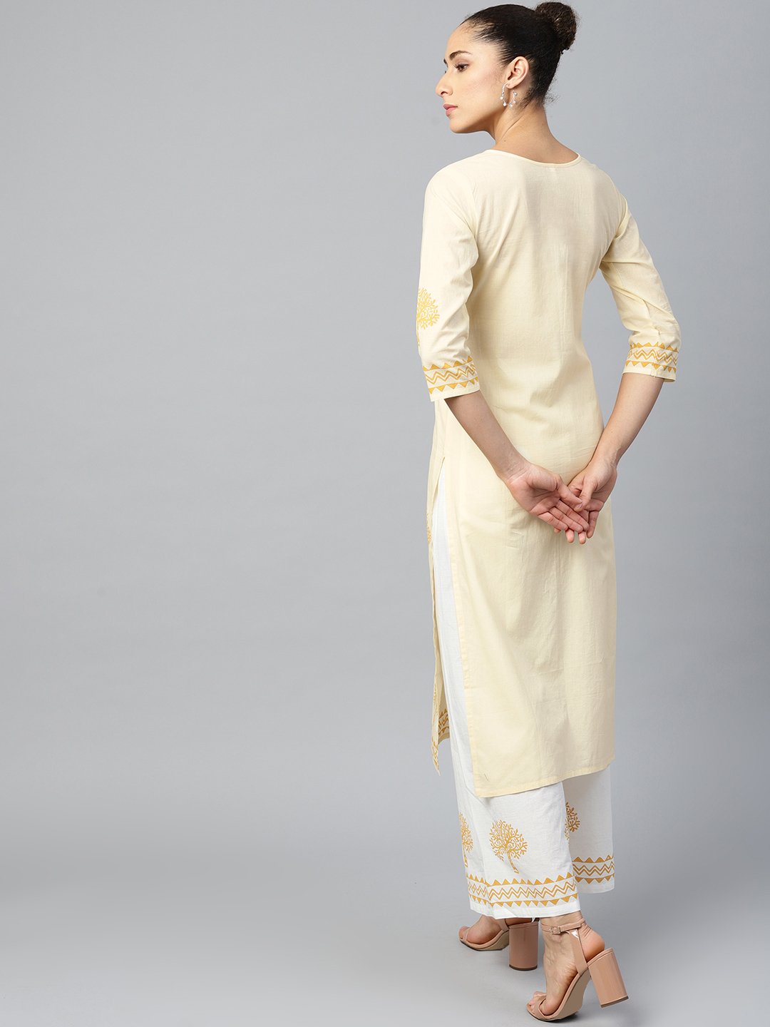 Women White Three-Quarter Sleeves Straight Kurta With Palazzo Set | LASVINI - Redefining Indian Fashion with Elegance