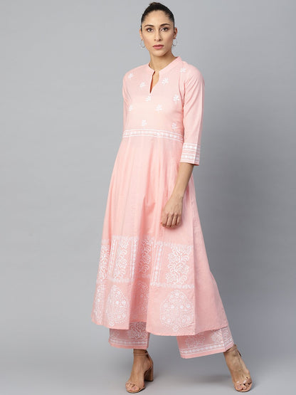 Women Pink Three-Quarter Sleeves Flared Kurta With Palazzo Set | LASVINI - Redefining Indian Fashion with Elegance