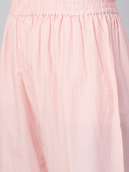 Women Pink Three-Quarter Sleeves Flared Kurta With Palazzo Set | LASVINI - Redefining Indian Fashion with Elegance