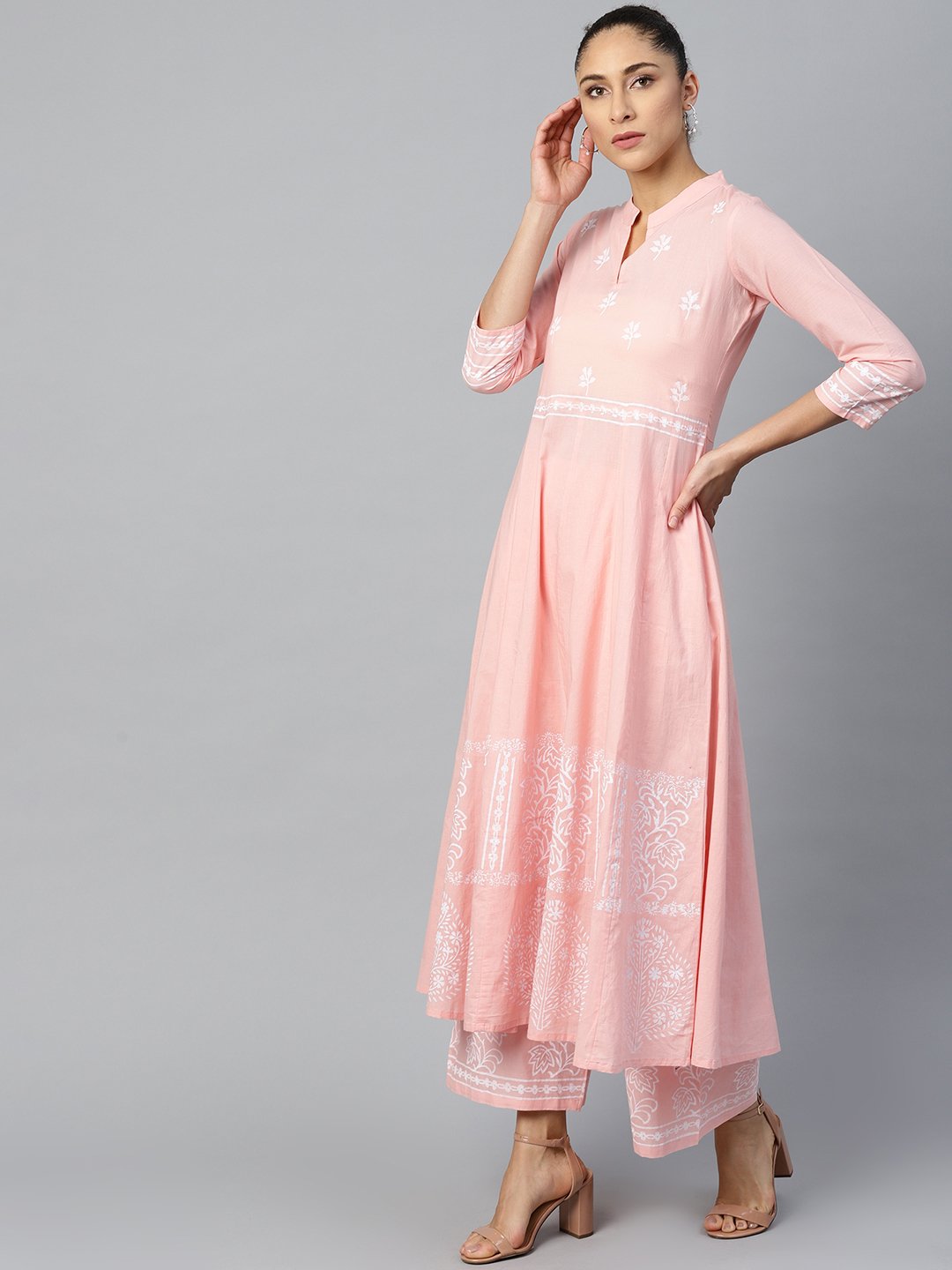 Women Pink Three-Quarter Sleeves Flared Kurta With Palazzo Set | LASVINI - Redefining Indian Fashion with Elegance