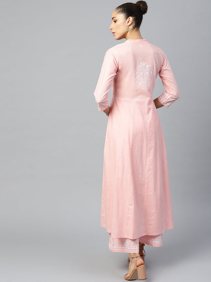Women Pink Three-Quarter Sleeves Flared Kurta With Palazzo Set | LASVINI - Redefining Indian Fashion with Elegance