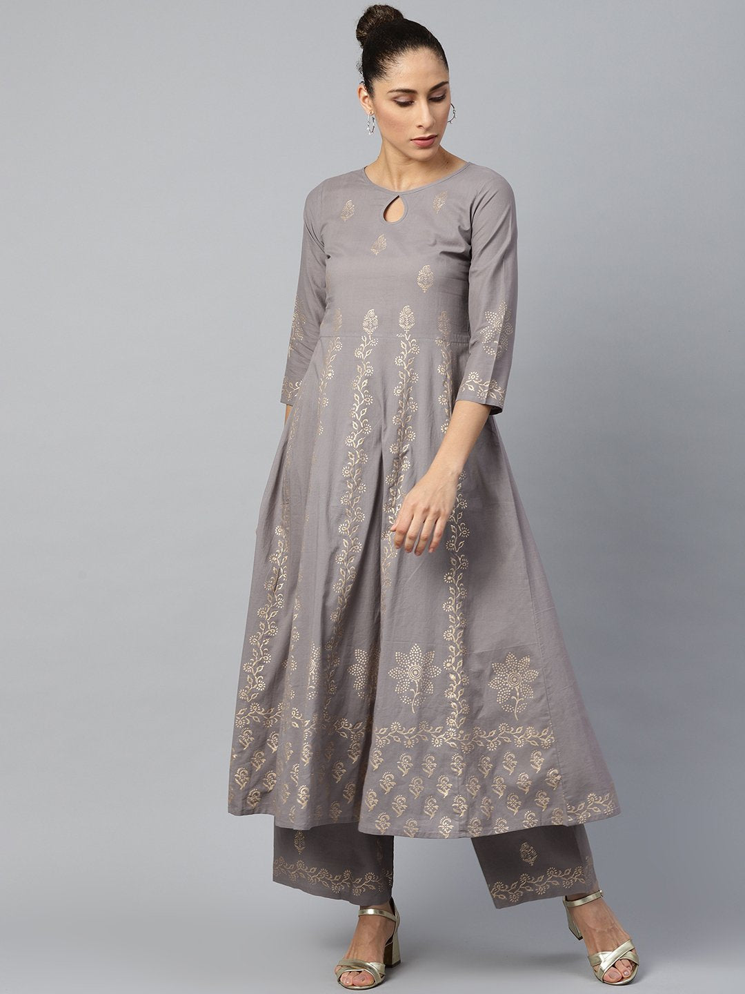 Women Grey Three-Quarter Sleeves Flared Kurta With Palazzo Set | LASVINI - Redefining Indian Fashion with Elegance