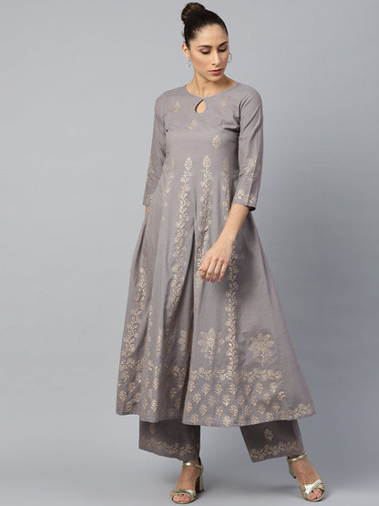 Women Grey Three-Quarter Sleeves Flared Kurta With Palazzo Set | LASVINI - Redefining Indian Fashion with Elegance