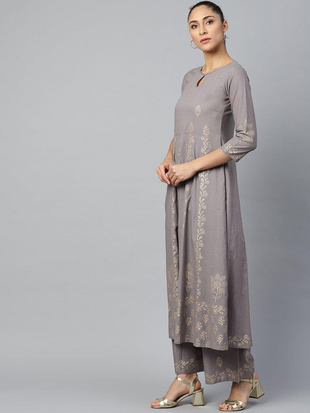 Women Grey Three-Quarter Sleeves Flared Kurta With Palazzo Set | LASVINI - Redefining Indian Fashion with Elegance