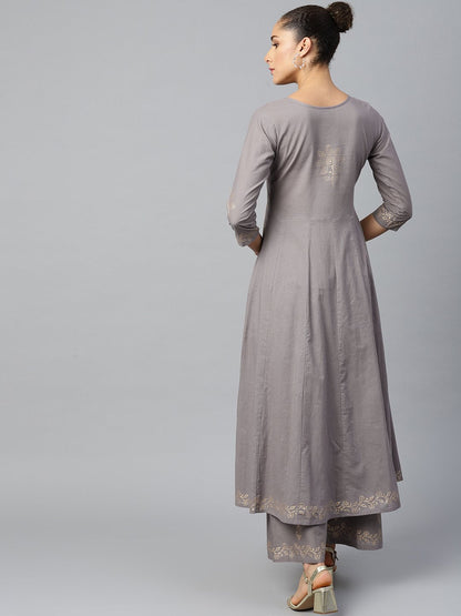 Women Grey Three-Quarter Sleeves Flared Kurta With Palazzo Set | LASVINI - Redefining Indian Fashion with Elegance