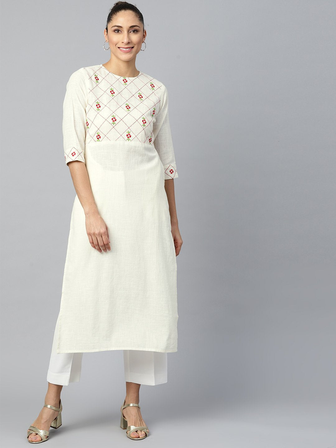Women Offwhite Calf Length Three-Quarter Sleeves Straight Woven Design Embroidered Cotton Kurta | LASVINI - Redefining Indian Fashion with Elegance