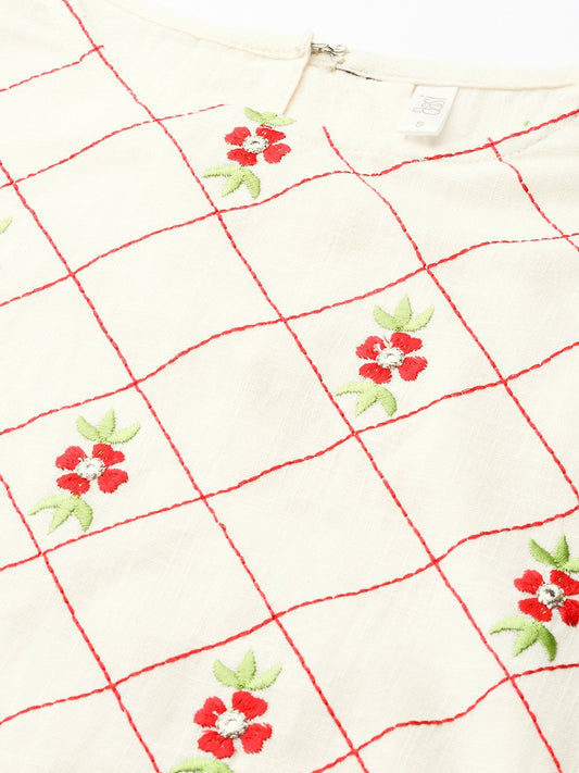 Women Offwhite Calf Length Three-Quarter Sleeves Straight Woven Design Embroidered Cotton Kurta | LASVINI - Redefining Indian Fashion with Elegance