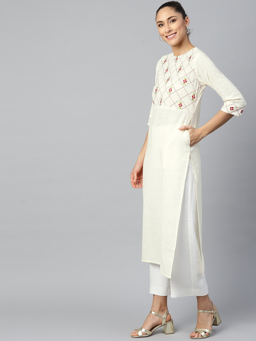 Women Offwhite Calf Length Three-Quarter Sleeves Straight Woven Design Embroidered Cotton Kurta | LASVINI - Redefining Indian Fashion with Elegance