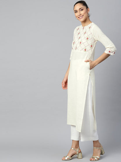 Women Offwhite Calf Length Three-Quarter Sleeves Straight Woven Design Embroidered Cotton Kurta | LASVINI - Redefining Indian Fashion with Elegance