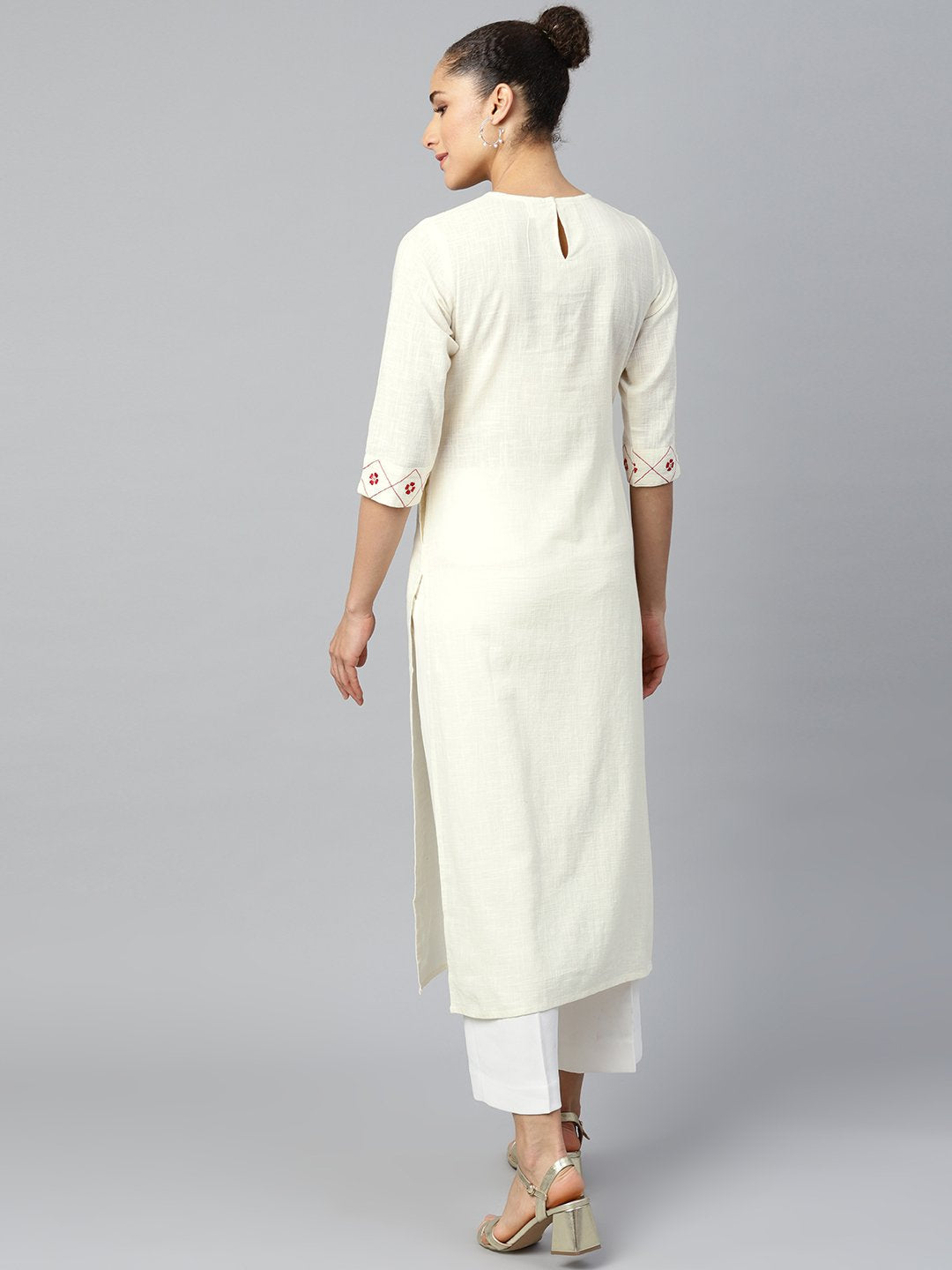 Women Offwhite Calf Length Three-Quarter Sleeves Straight Woven Design Embroidered Cotton Kurta | LASVINI - Redefining Indian Fashion with Elegance