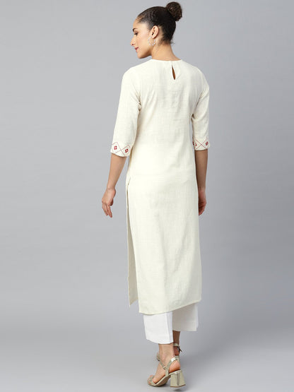 Women Offwhite Calf Length Three-Quarter Sleeves Straight Woven Design Embroidered Cotton Kurta | LASVINI - Redefining Indian Fashion with Elegance