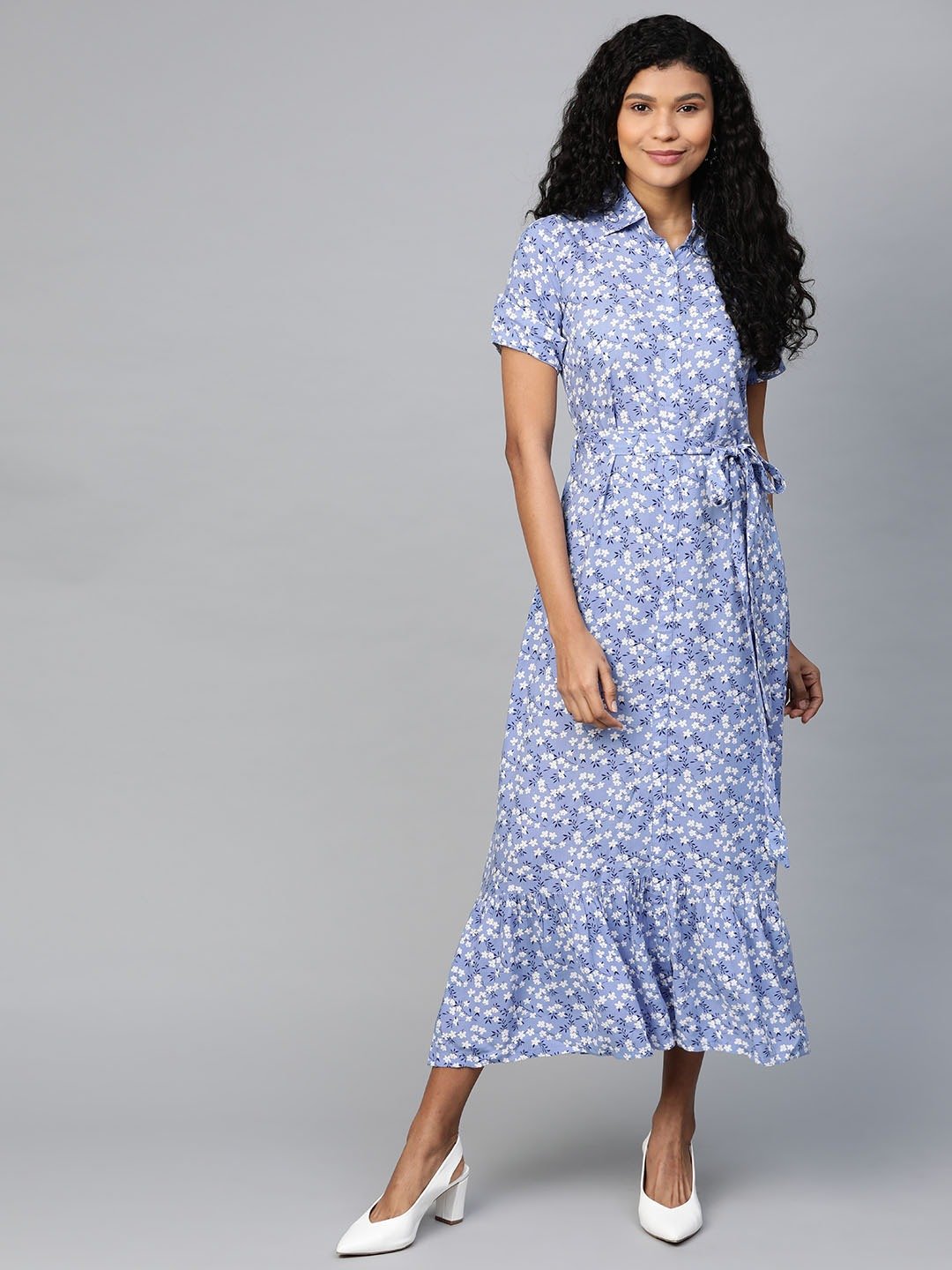 Women Purple  Floral Printed Shirt Collar Viscose Rayon A-Line Dress | LASVINI - Redefining Indian Fashion with Elegance