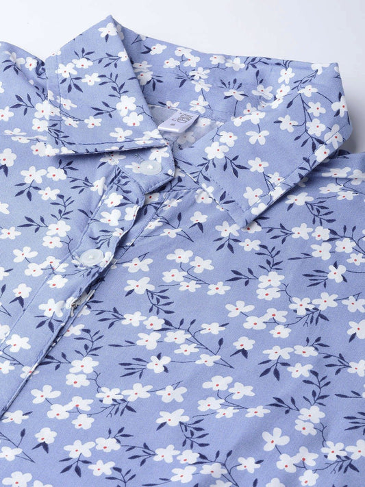 Women Purple  Floral Printed Shirt Collar Viscose Rayon A-Line Dress | LASVINI - Redefining Indian Fashion with Elegance