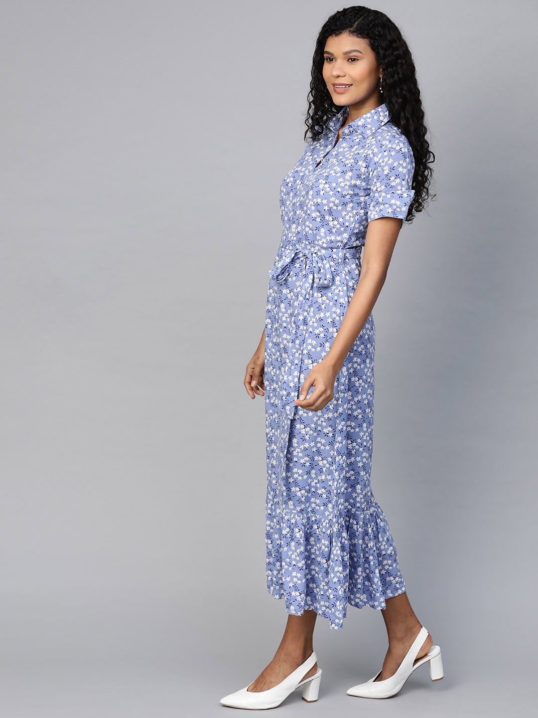 Women Purple  Floral Printed Shirt Collar Viscose Rayon A-Line Dress | LASVINI - Redefining Indian Fashion with Elegance