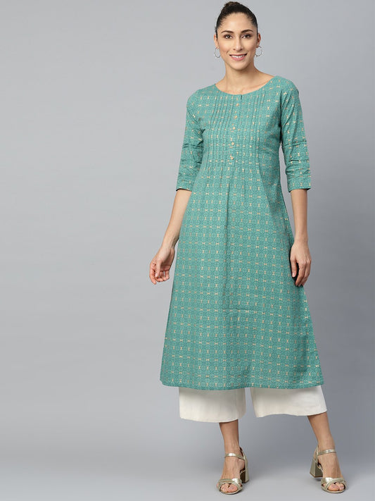 Women Green Calf Length Three-Quarter Sleeves A-Line Geometric Yoke Design Cotton Kurta | LASVINI - Redefining Indian Fashion with Elegance