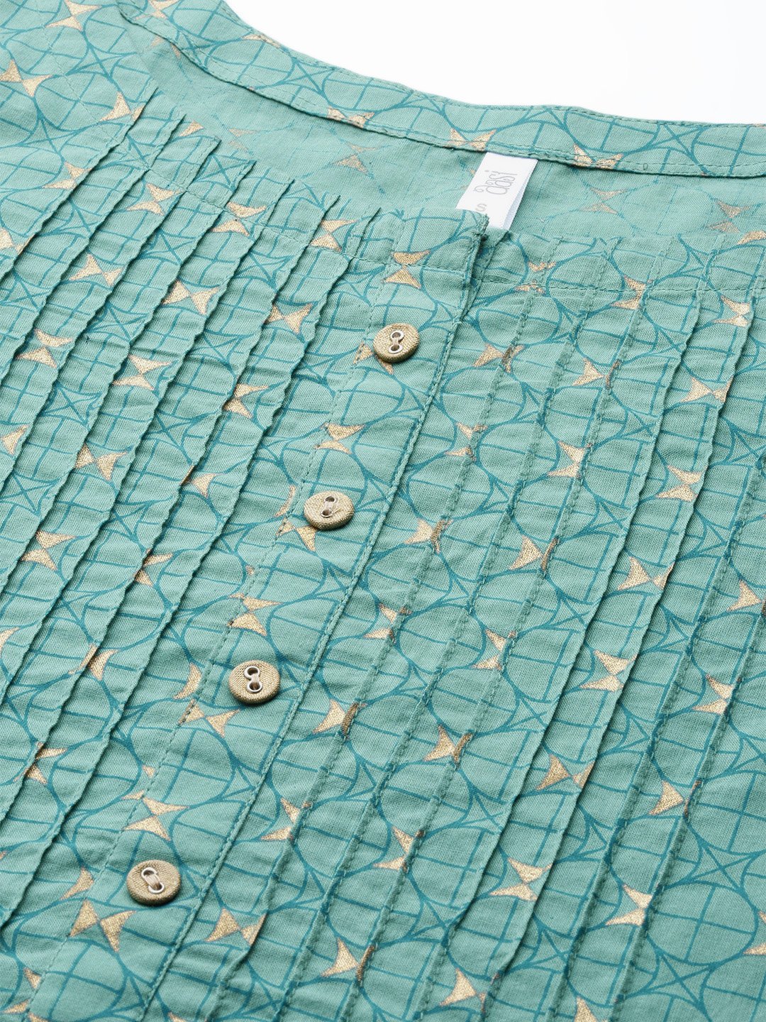 Women Green Calf Length Three-Quarter Sleeves A-Line Geometric Yoke Design Cotton Kurta | LASVINI - Redefining Indian Fashion with Elegance