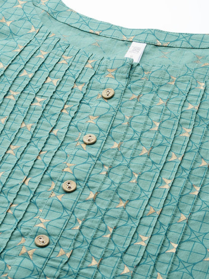 Women Green Calf Length Three-Quarter Sleeves A-Line Geometric Yoke Design Cotton Kurta | LASVINI - Redefining Indian Fashion with Elegance