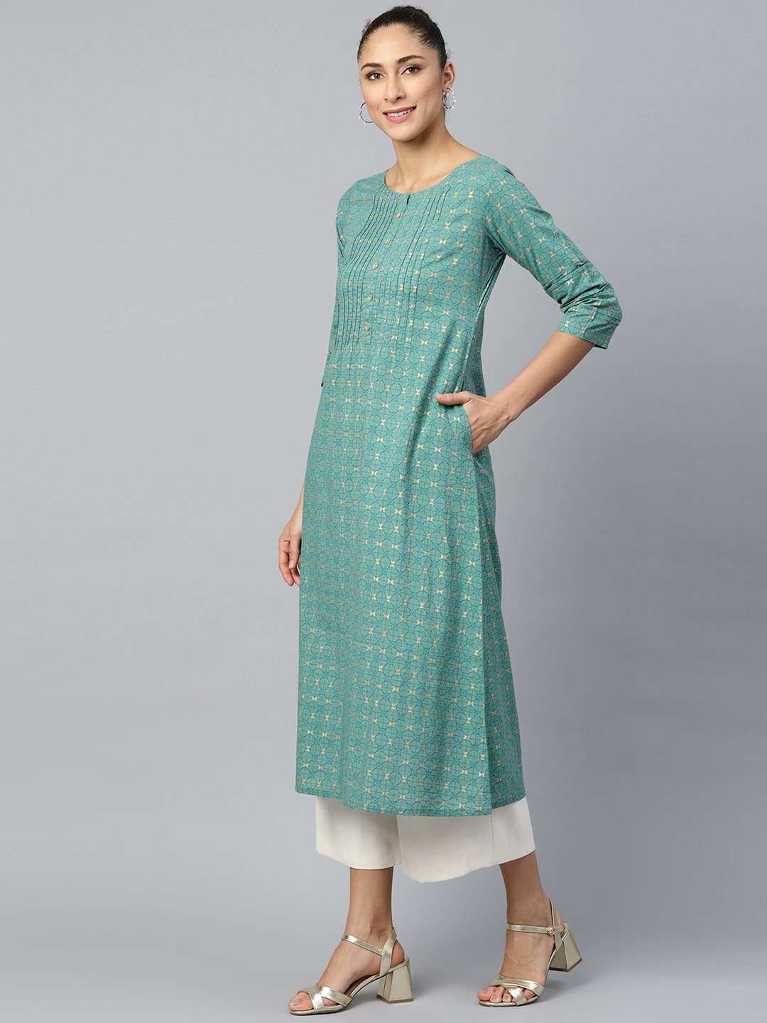 Women Green Calf Length Three-Quarter Sleeves A-Line Geometric Yoke Design Cotton Kurta | LASVINI - Redefining Indian Fashion with Elegance