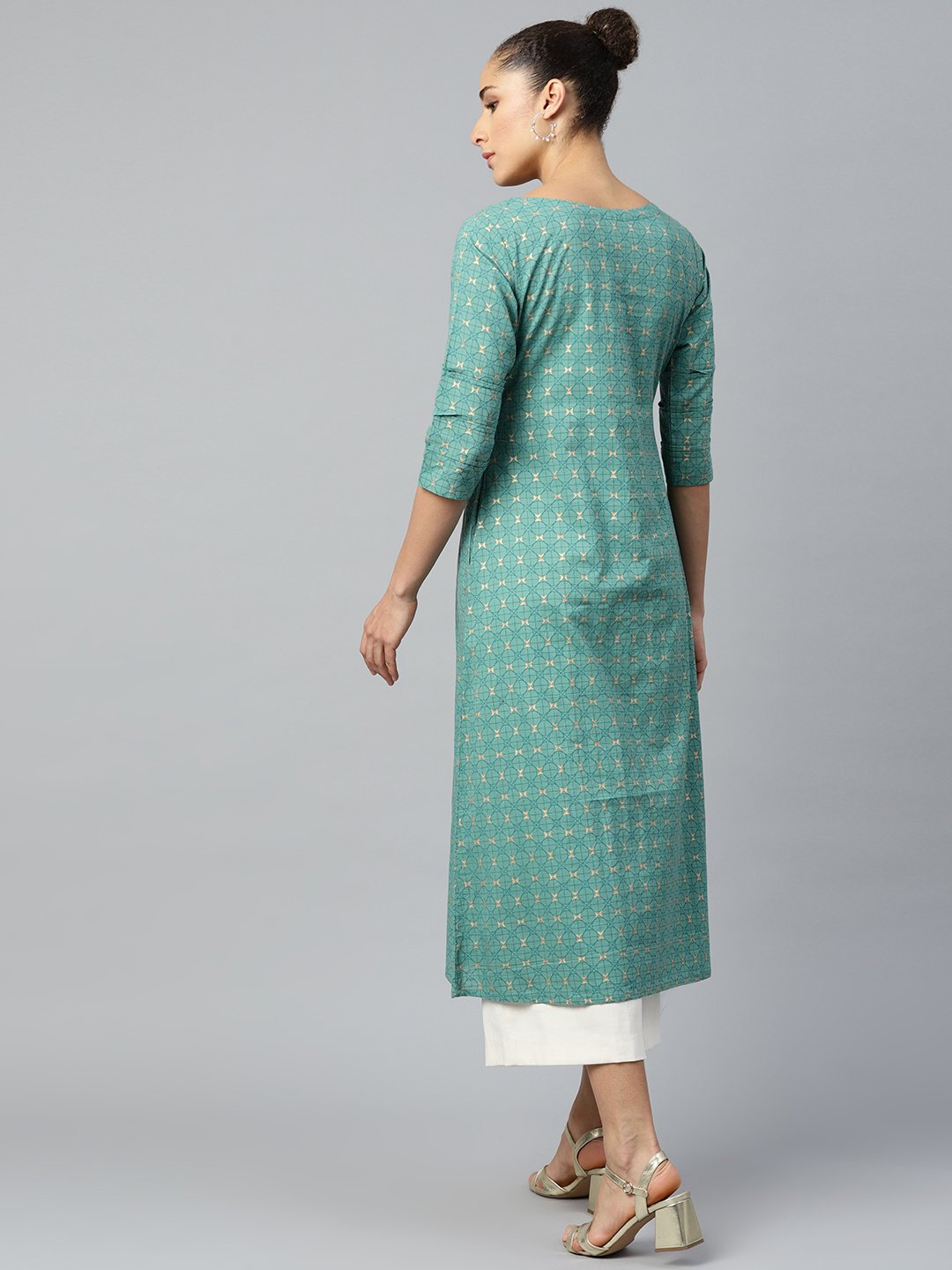 Women Green Calf Length Three-Quarter Sleeves A-Line Geometric Yoke Design Cotton Kurta | LASVINI - Redefining Indian Fashion with Elegance