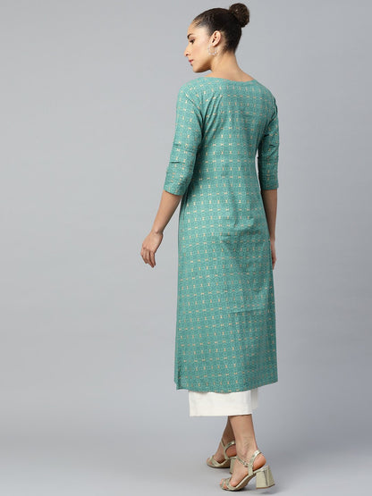 Women Green Calf Length Three-Quarter Sleeves A-Line Geometric Yoke Design Cotton Kurta | LASVINI - Redefining Indian Fashion with Elegance