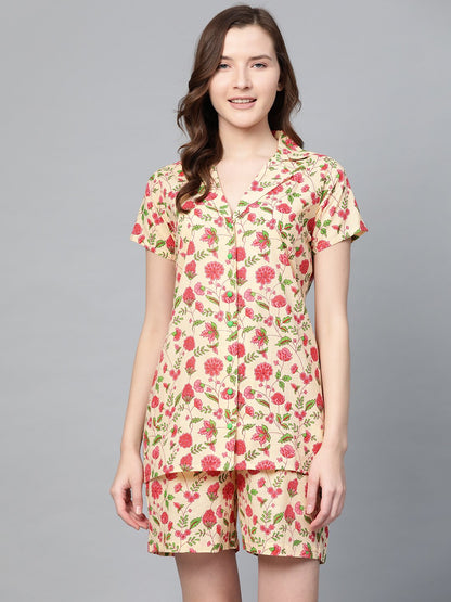 Women Beige Floral Printed Night Suit | LASVINI - Redefining Indian Fashion with Elegance