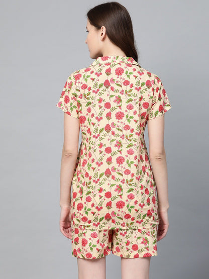 Women Beige Floral Printed Night Suit | LASVINI - Redefining Indian Fashion with Elegance
