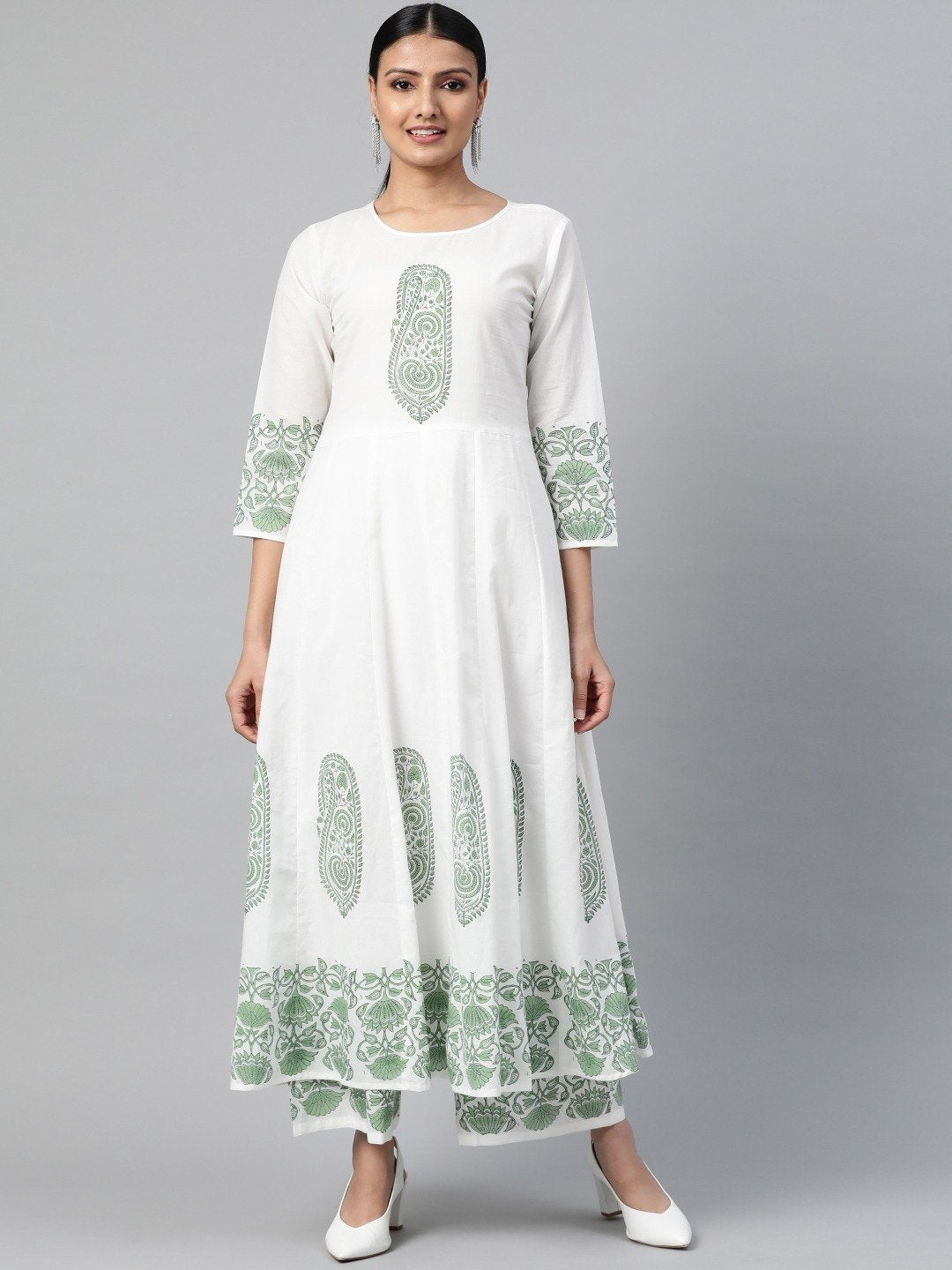 Women White Three-Quarter Sleeves Flared Kurta With Palazzo | LASVINI - Redefining Indian Fashion with Elegance