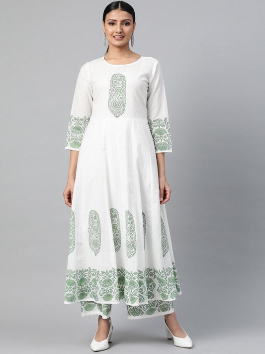 Women White Three-Quarter Sleeves Flared Kurta With Palazzo | LASVINI - Redefining Indian Fashion with Elegance
