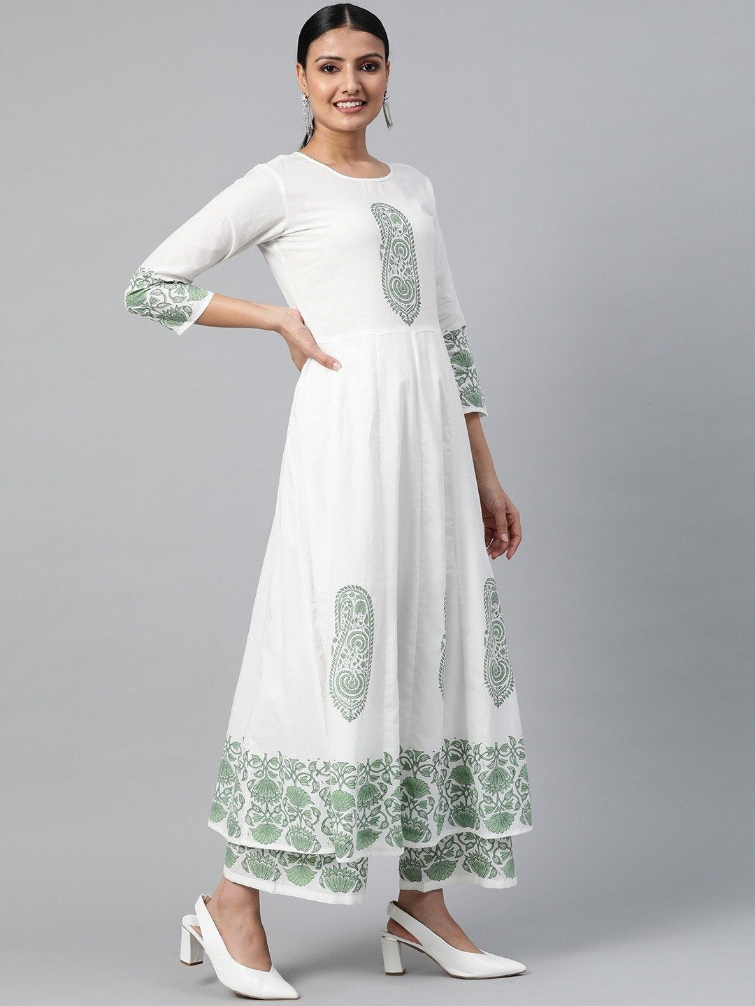 Women White Three-Quarter Sleeves Flared Kurta With Palazzo | LASVINI - Redefining Indian Fashion with Elegance