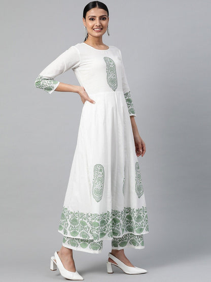 Women White Three-Quarter Sleeves Flared Kurta With Palazzo | LASVINI - Redefining Indian Fashion with Elegance