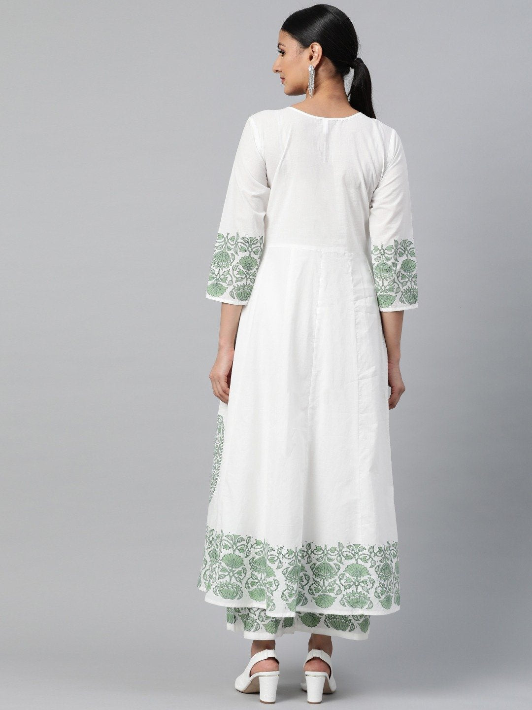 Women White Three-Quarter Sleeves Flared Kurta With Palazzo | LASVINI - Redefining Indian Fashion with Elegance