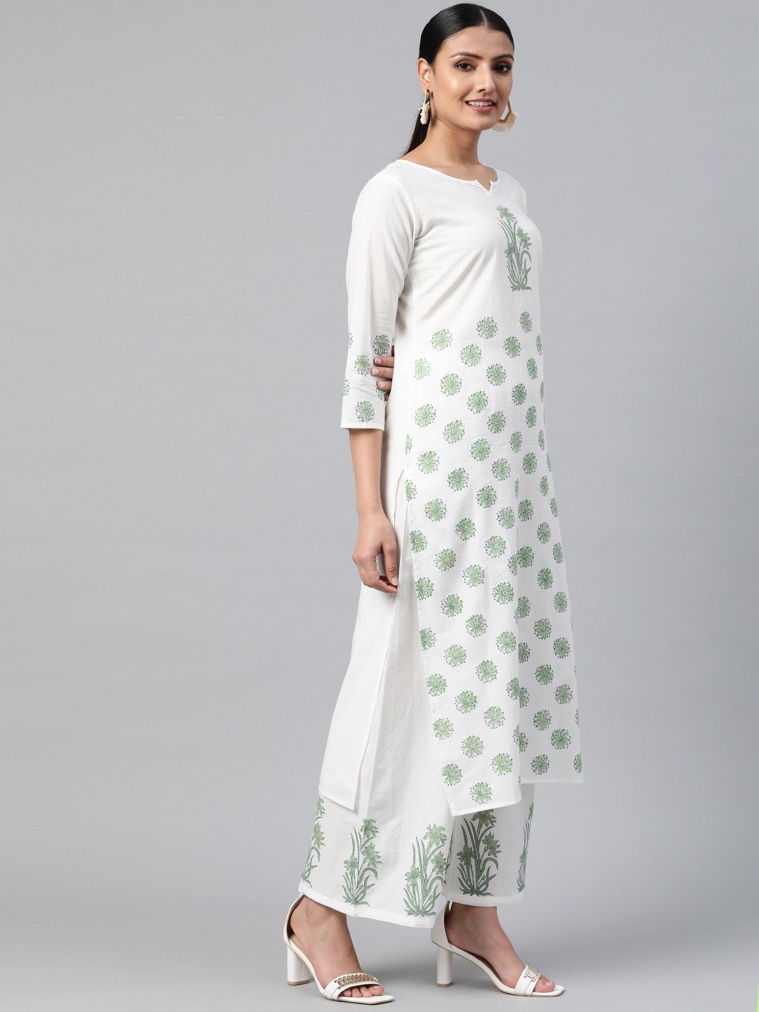 Women White Three-Quarter Sleeves Straight Kurta With Palazzo | LASVINI - Redefining Indian Fashion with Elegance