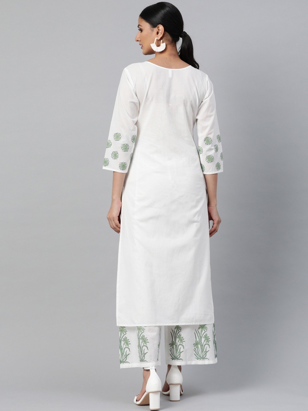 Women White Three-Quarter Sleeves Straight Kurta With Palazzo | LASVINI - Redefining Indian Fashion with Elegance